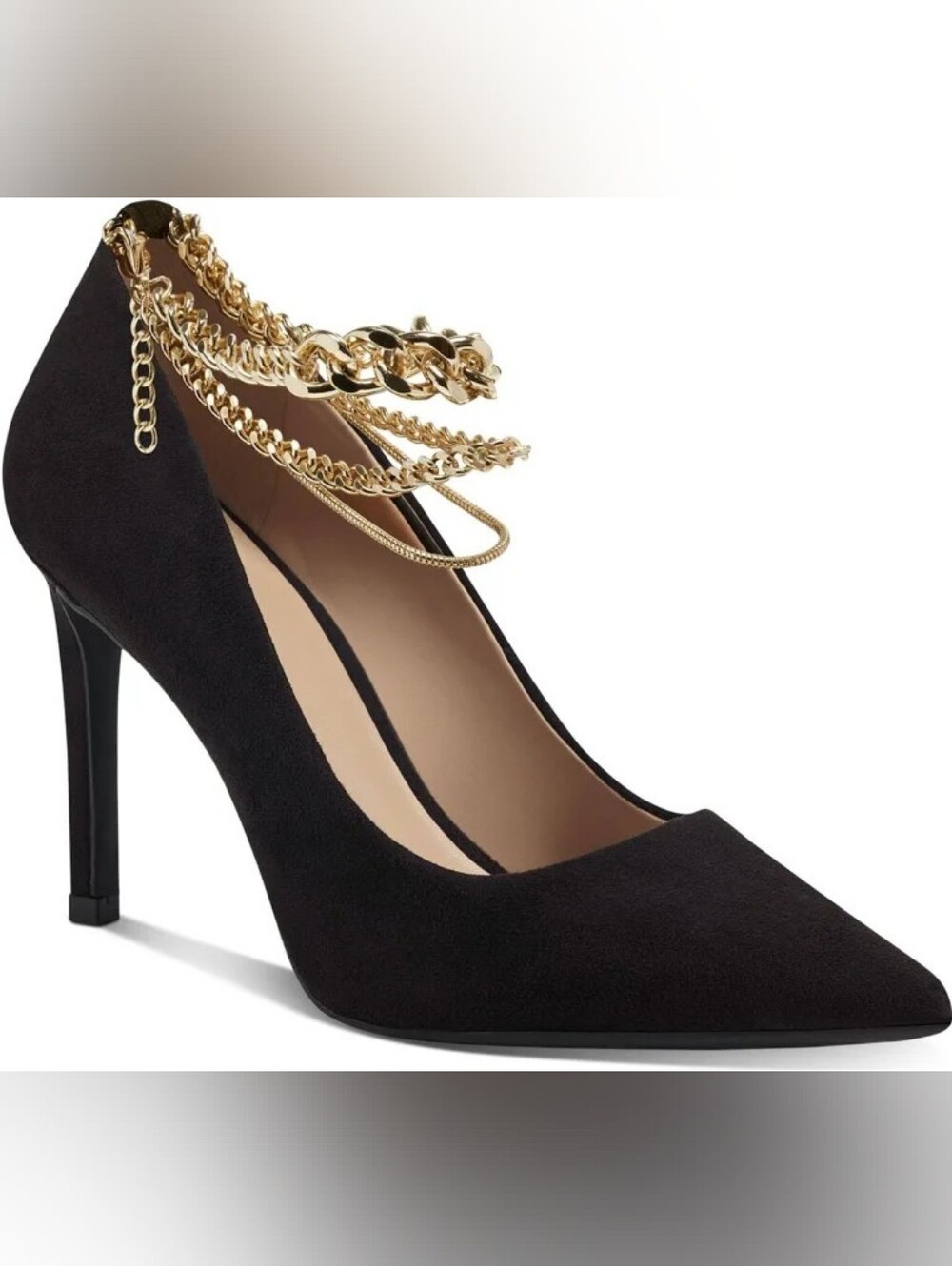 INC Black Suede Pointed Pump with Gold Chain Anklets